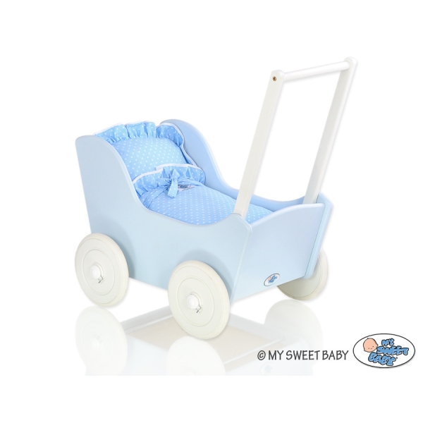 Landau de Poupée en Bois Blanc Bleu