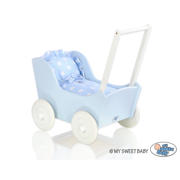 Landau de Poupée en Bois Blanc Bleu