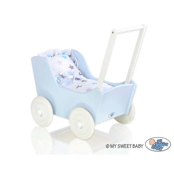 Landau de Poupée en Bois Blanc Bleu