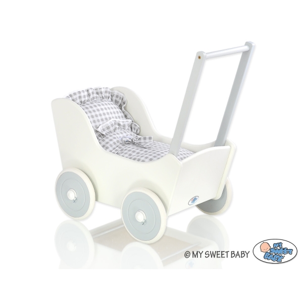 Landau de Poupée en Bois Blanc Gris