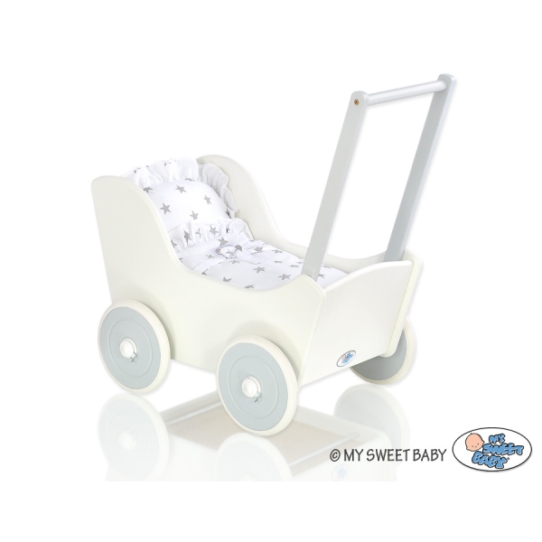 Landau de Poupée en Bois Blanc Gris