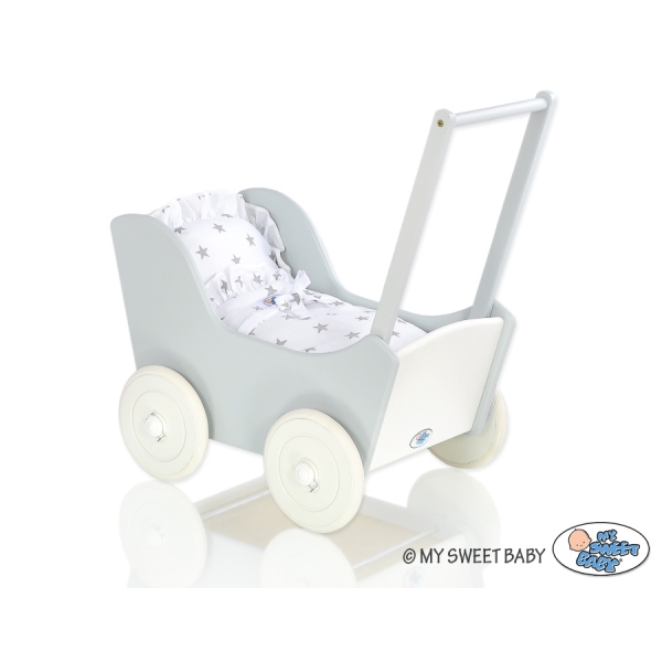 Landau de Poupée en Bois Blanc Gris