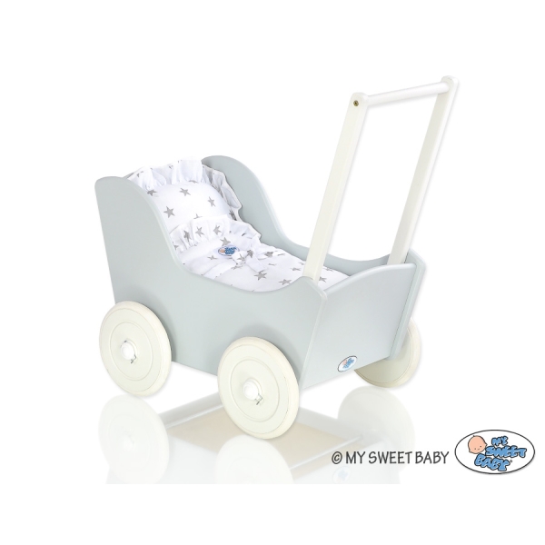 Landau de Poupée en Bois Blanc Gris