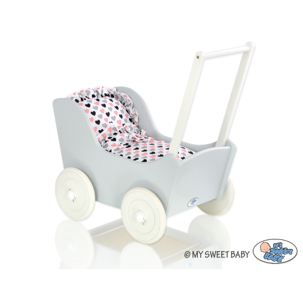 Landau de Poupée en Bois Blanc Gris