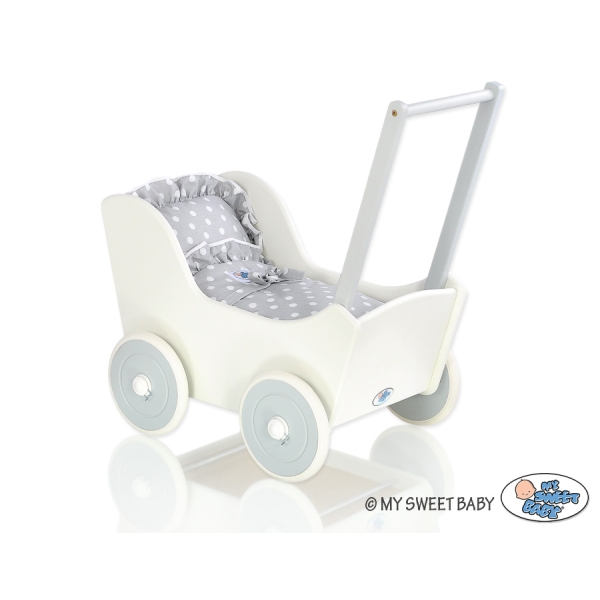 Landau de Poupée en Bois Blanc Gris à Pois