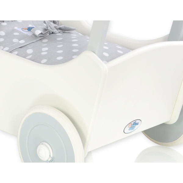 Landau de Poupée en Bois Blanc Gris à Pois
