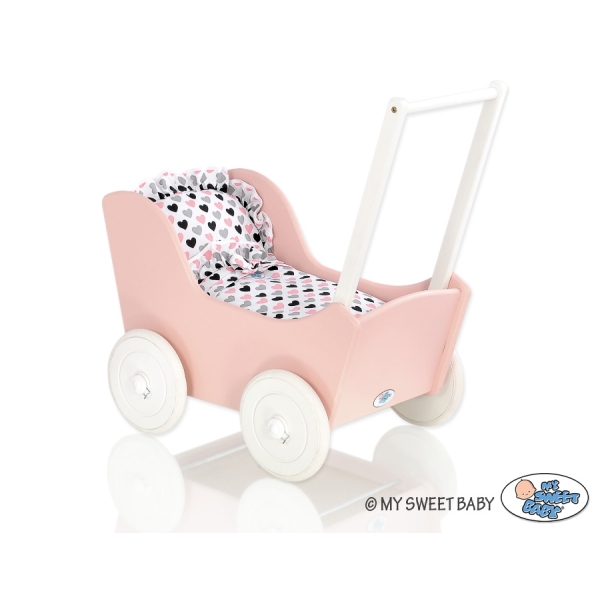 Landau de Poupée en Bois Blanc Rose Poudré