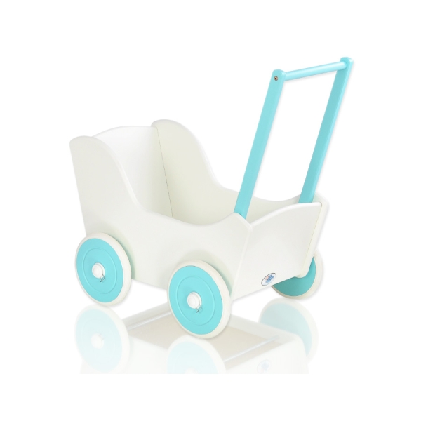 Landau de Poupée en Bois Blanc Turquoise