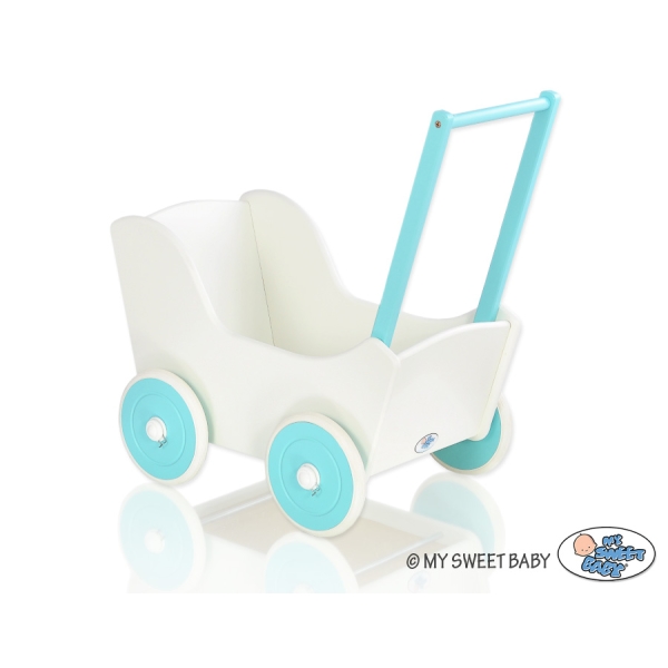 Landau de Poupée en Bois Blanc Turquoise