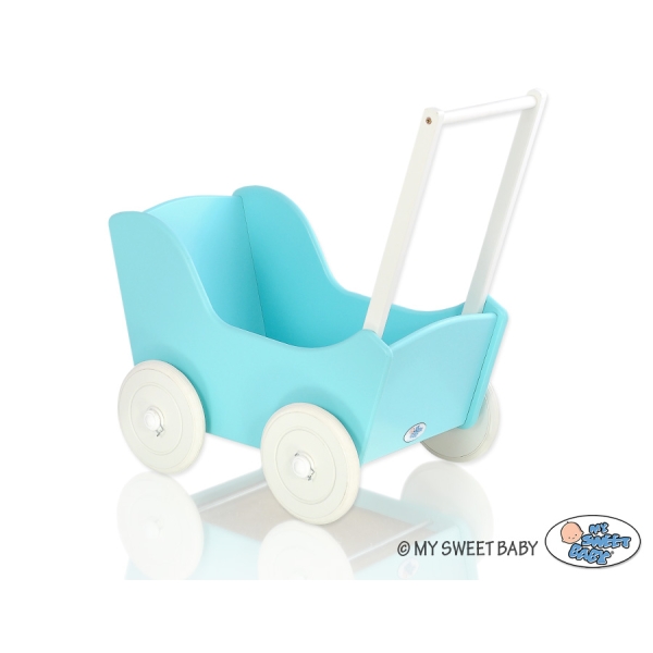 Landau de Poupée en Bois Blanc Turquoise