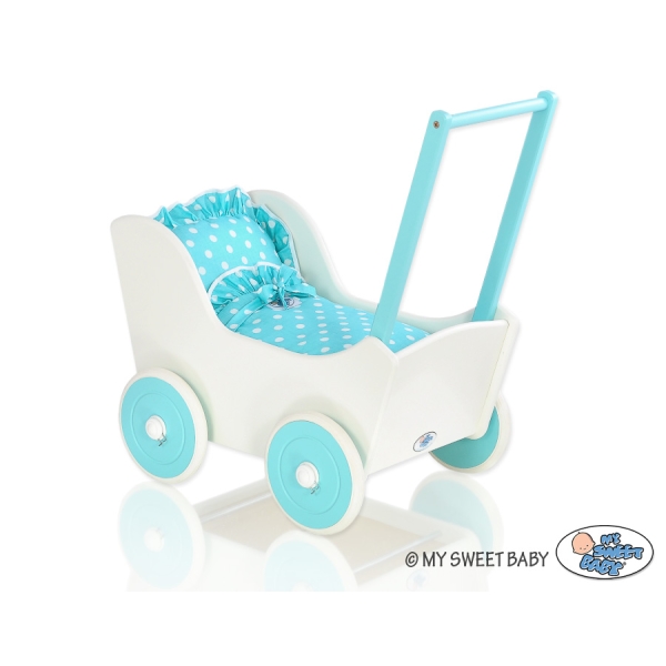 Landau de Poupée en Bois Blanc Turquoise