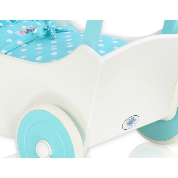 Landau de Poupée en Bois Blanc Turquoise