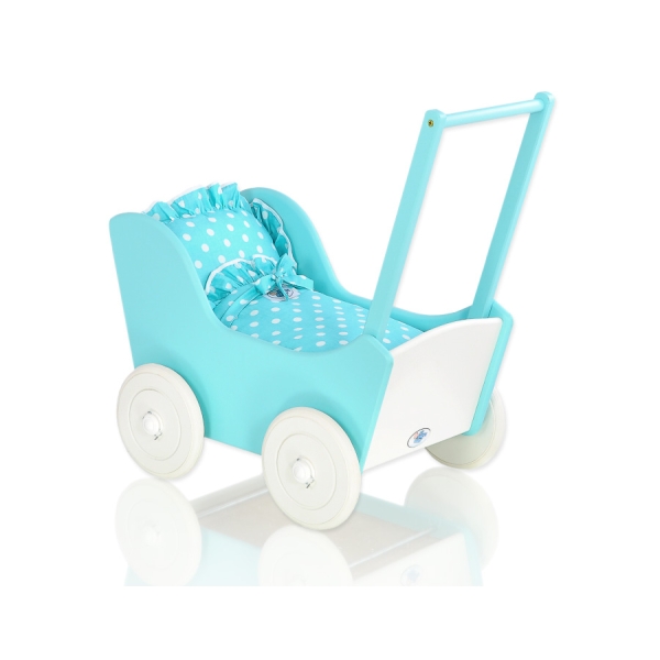 Landau de Poupée en Bois Blanc Turquoise