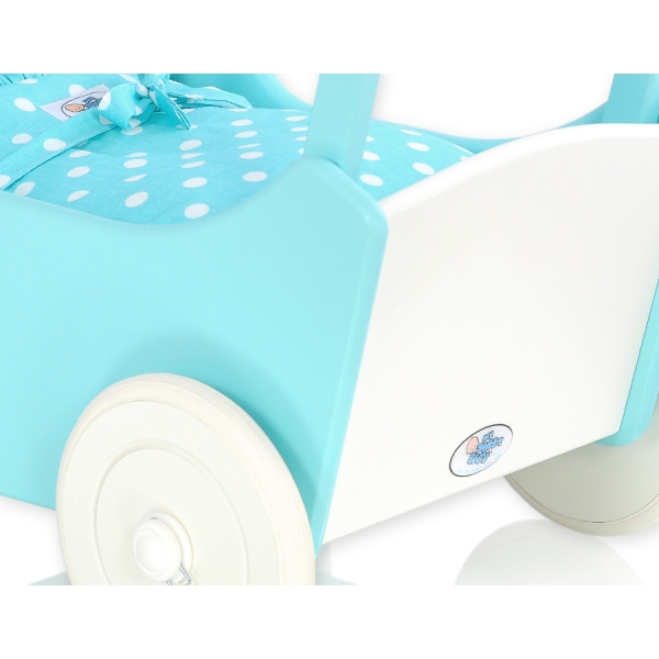Landau de Poupée en Bois Blanc Turquoise