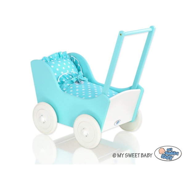 Landau de Poupée en Bois Blanc Turquoise