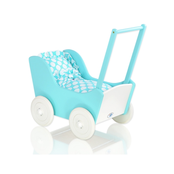 Landau de Poupée en Bois Blanc Turquoise