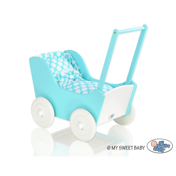 Landau de Poupée en Bois Blanc Turquoise