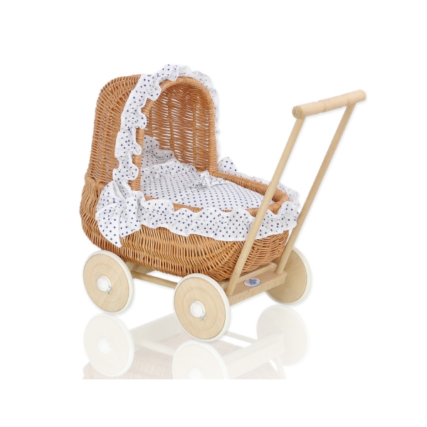 Landau de Poupée en Osier Naturel Blanc Bleu Marine à Pois
