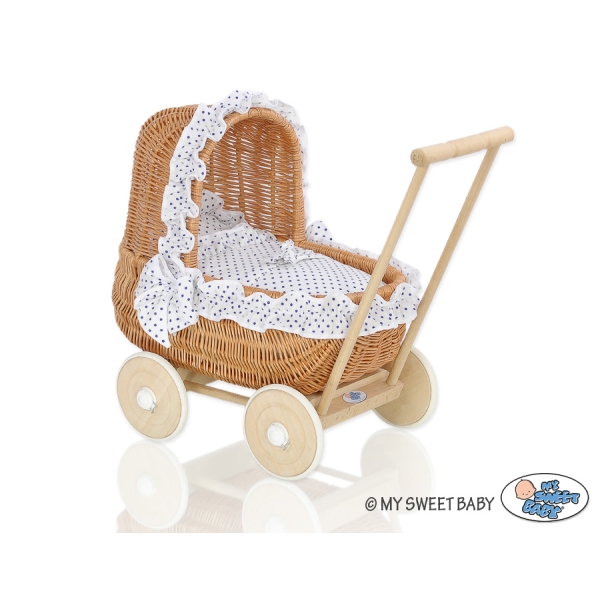 Landau de Poupée en Osier Naturel Blanc Bleu Marine à Pois