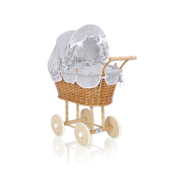 Landau de Poupée en Osier Naturel Blanc Gris à Pois