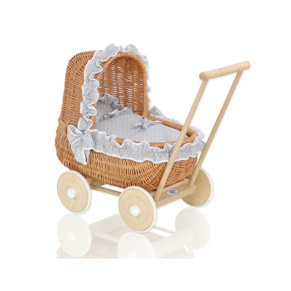 Landau de Poupée en Osier Naturel Blanc Gris à Pois