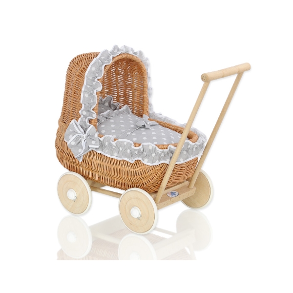 Landau de Poupée en Osier Naturel Blanc Gris à Pois