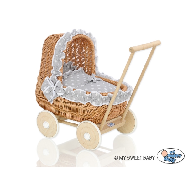 Landau de Poupée en Osier Naturel Blanc Gris à Pois