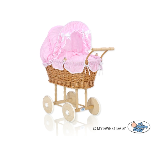 Landau de Poupée en Osier Naturel Rose Blanc à Pois