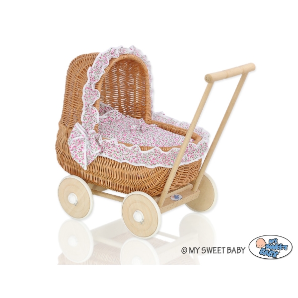 Landau de Poupée en Osier Naturel Rose Fleurs