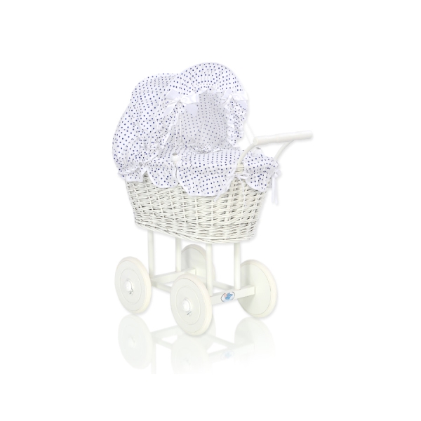 Landau de Poupée en Rotin Blanc Bleu Marine à Pois