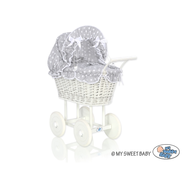Landau de Poupée en Rotin Blanc Gris à Pois