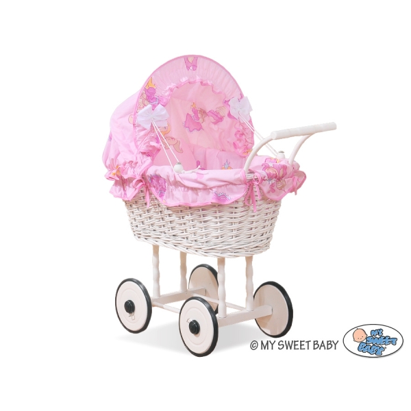 Landau de Poupée en Rotin Rose Blanc