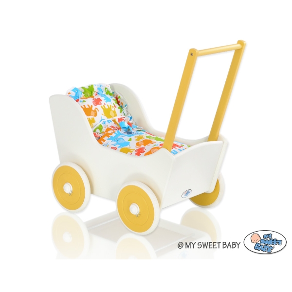 Landau en Bois pour Poupée Blanc Jaune