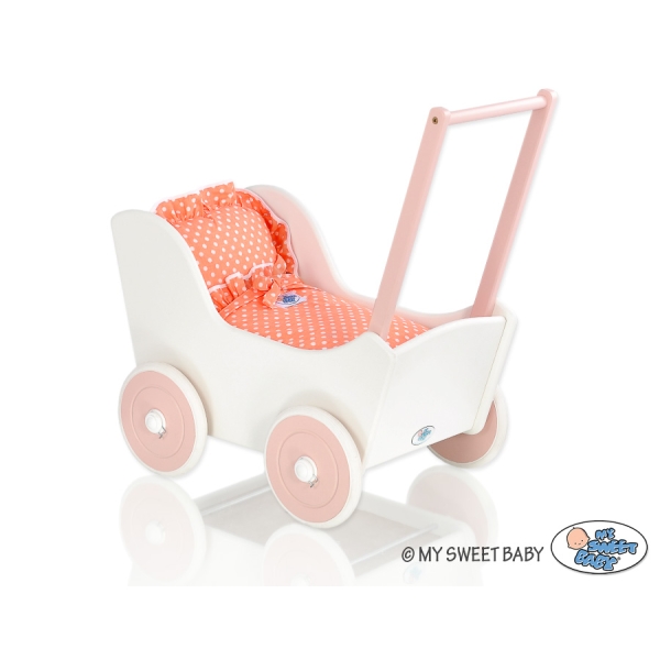 Landau en Bois pour Poupée Blanc Rose Poudré