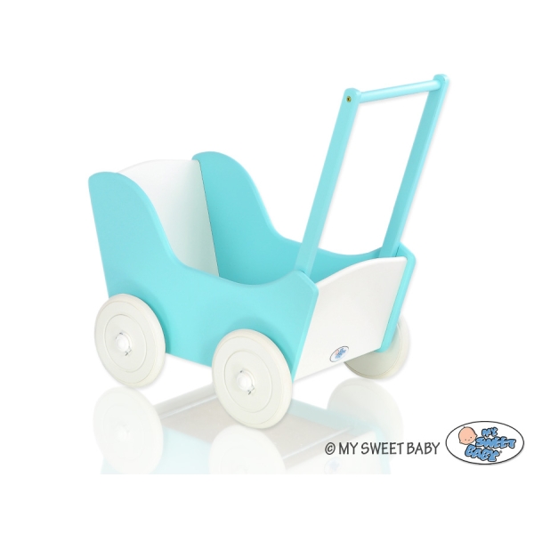 Landau en Bois pour Poupée Blanc Turquoise