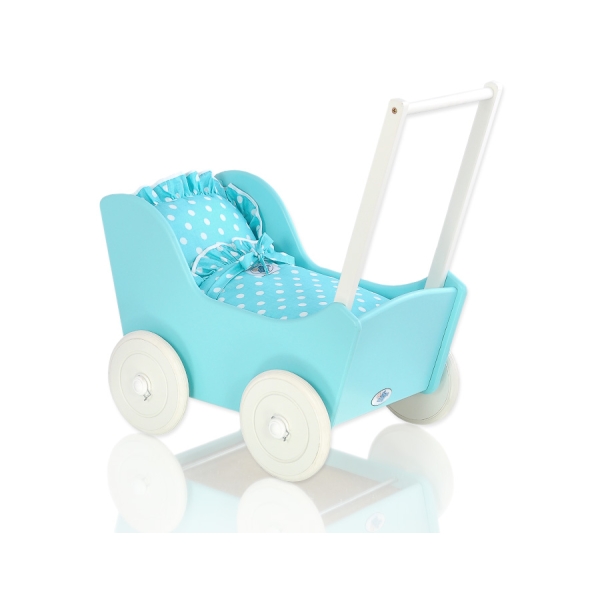 Landau en Bois pour Poupée Blanc Turquoise