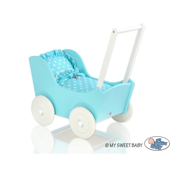 Landau en Bois pour Poupée Blanc Turquoise