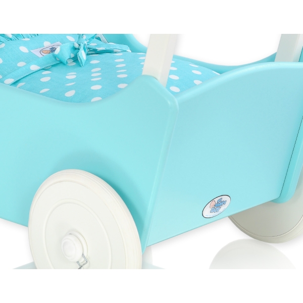 Landau en Bois pour Poupée Blanc Turquoise