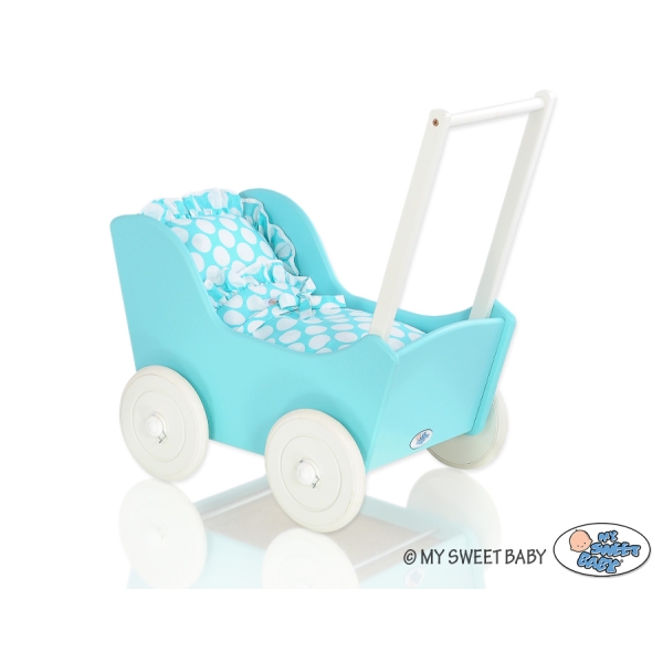 Landau en Bois pour Poupée Blanc Turquoise