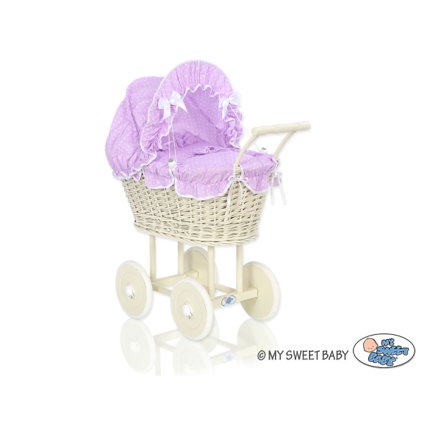 Landau en Osier Bébé Jouet Crème Blanc Lila à Pois