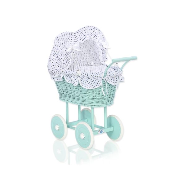Landau en Osier Bébé Jouet Menthe Blanc Bleu Marine à Pois