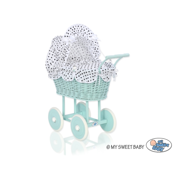 Landau en Osier Bébé Jouet Menthe Blanc Noir à Pois