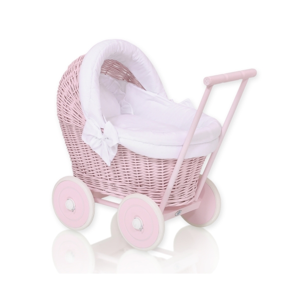 Landau en Osier Bébé Jouet Rose Blanc