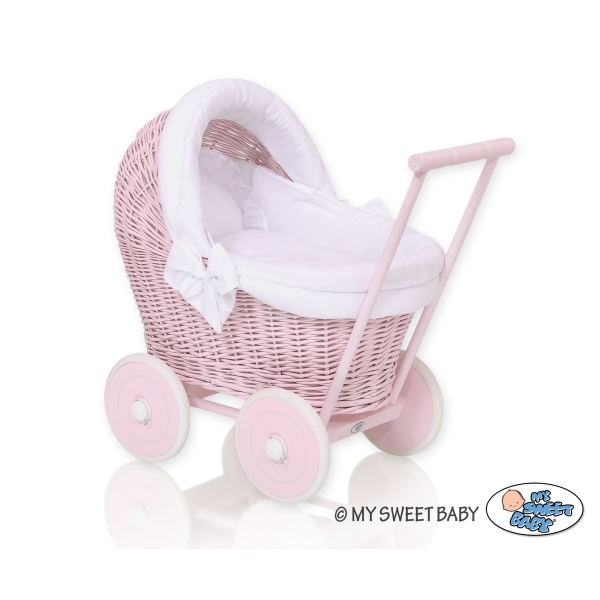 Landau en Osier Bébé Jouet Rose Blanc