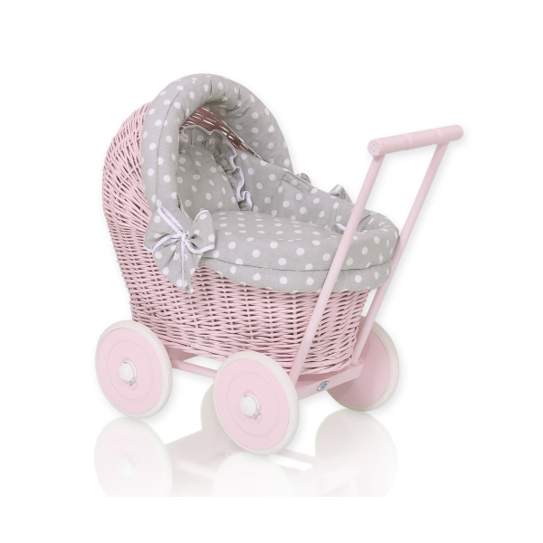 Landau en Osier Bébé Jouet Rose Blanc Gris à Pois