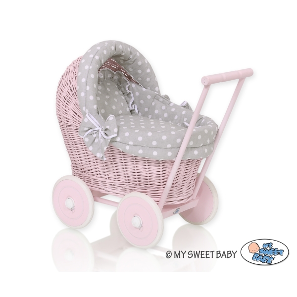 Landau en Osier Bébé Jouet Rose Blanc Gris à Pois