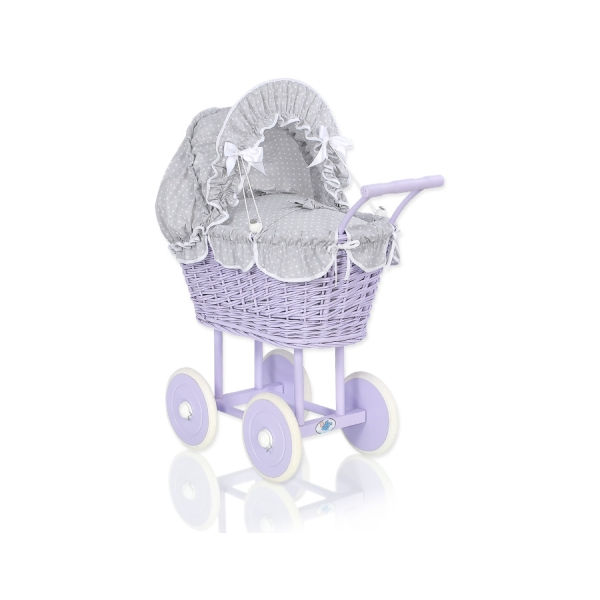 Landau en Osier pour Poupée  Blanc Gris Lila à Pois