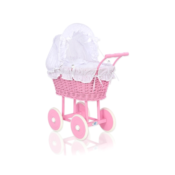 Landau en Osier pour Poupée  Rose Blanc