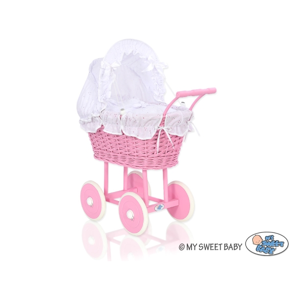 Landau en Osier pour Poupée  Rose Blanc