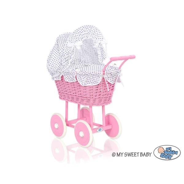Landau en Osier pour Poupée  Rose Blanc Bleu Marine à Pois